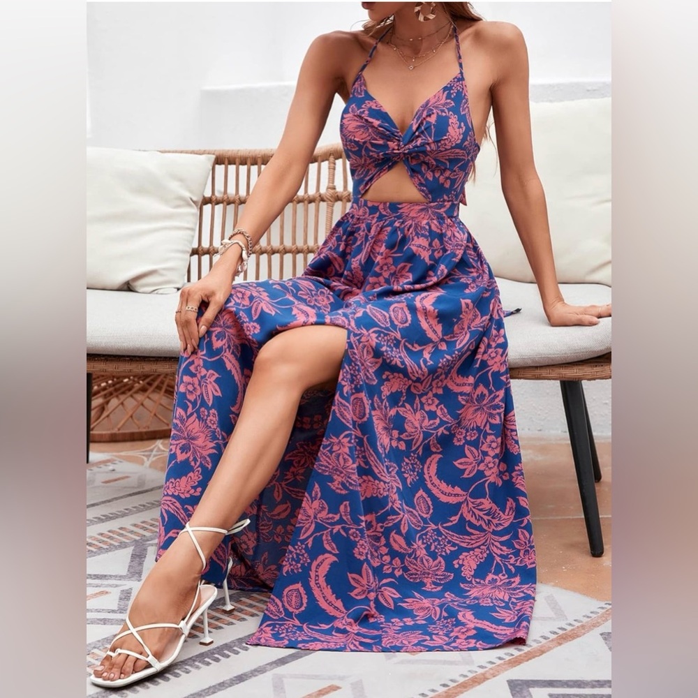 DIDK Tropical Halter Cut-Out Maxi Dress | Blue & Pink | Resort Vacation Size S